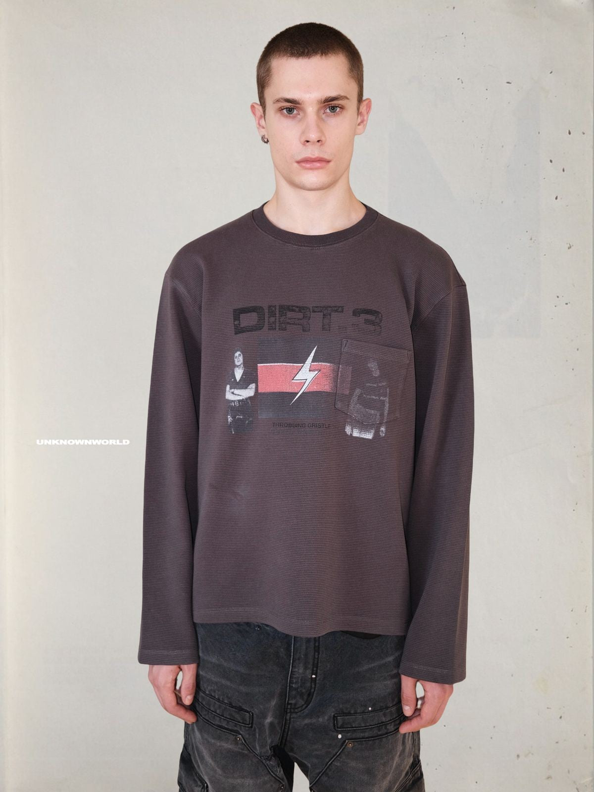 UNKNOWNWORLD Throbbing Gristle Waffle Sweatshirt in Dark Gray - On Male Model