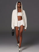 SMFK Oversized Cotton Wool Zip Up Hoodie in White - On Female Model