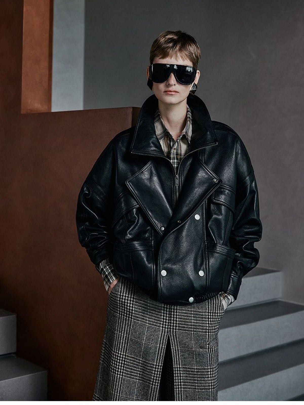 MSBEAST Stand Collar Textured Leather Jacket in Black - On Female Model