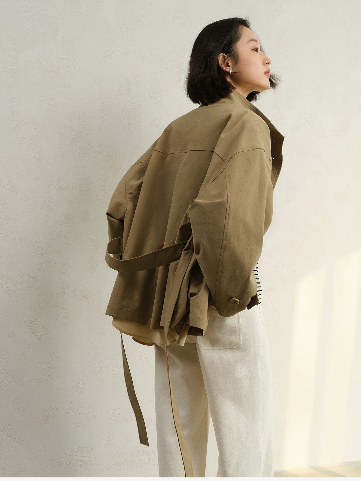TEASEL Short Stand Collar Trench Coat in Khaki - On Female Model