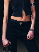 SMFK Thin Leather Cross Buckle Belt in Black - On Female Model