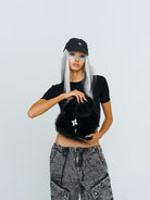 SMFK Plush Mini Handbag in Black - On Female Model