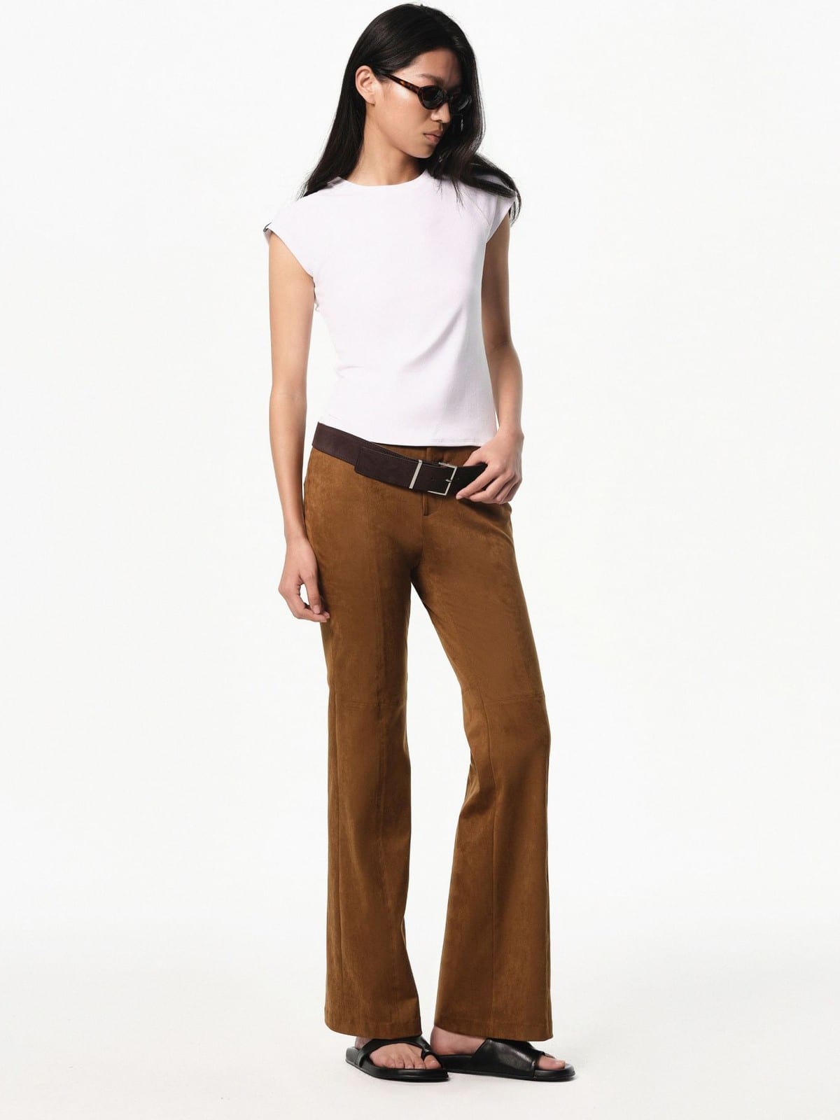 RARELY ALIKE Eco Suede Cropped Bootcut Pants in Caramel - On Female Model