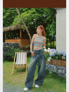 BeerBro Vintage Wash Straight Leg Jeans in Blue - On Female Model