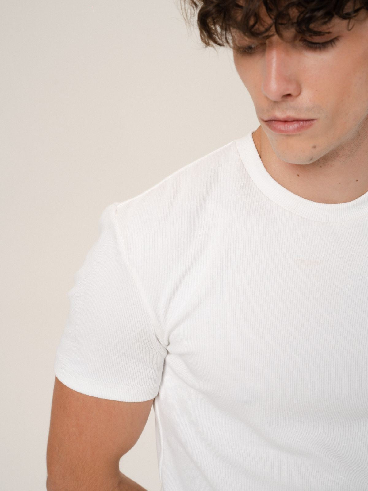 Retro 21 Ribbed Cotton Crew Neck T Shirt in White - On Male Model