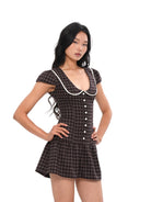 SweetChilling Plaid Collared Mini Dress in Brown - On Female Model