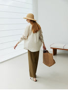 TEASEL Cotton Blend Drawstring Cropped Pants in Brown - On Model