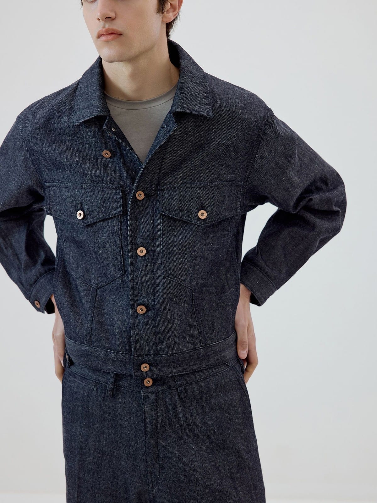SIMPLE PROJECT Ramie Blend Raw Denim Field Jacket in Blue - On Male Model