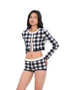 SweetChilling Plaid Wool Blend Knit Shorts in Line Skirt and Shorts - On Female Model