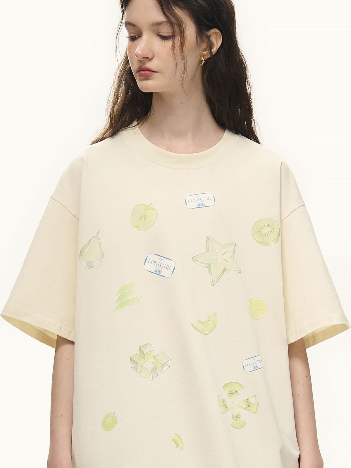LOSTCTRL Jelly Fruit Print Crewneck T Shirt in Orange - On Female Model