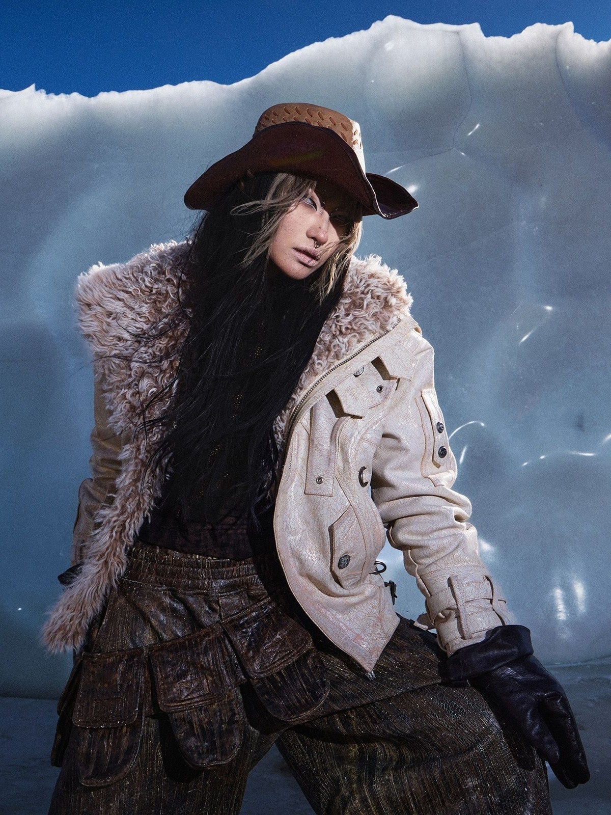 PERSONSOUL Cracked Sheepskin Jacket with Wool Collar in White - On Female Model