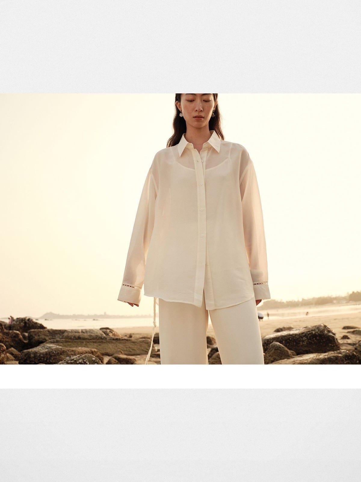 TEASEL Silk Blend Sheer Resort Shirt in White - On Female Model