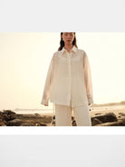 TEASEL Silk Blend Sheer Resort Shirt in White - On Female Model