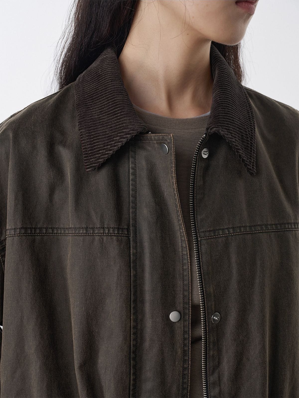 Random Piece Matte Coated Utility Jacket in Olive - On Female Model
