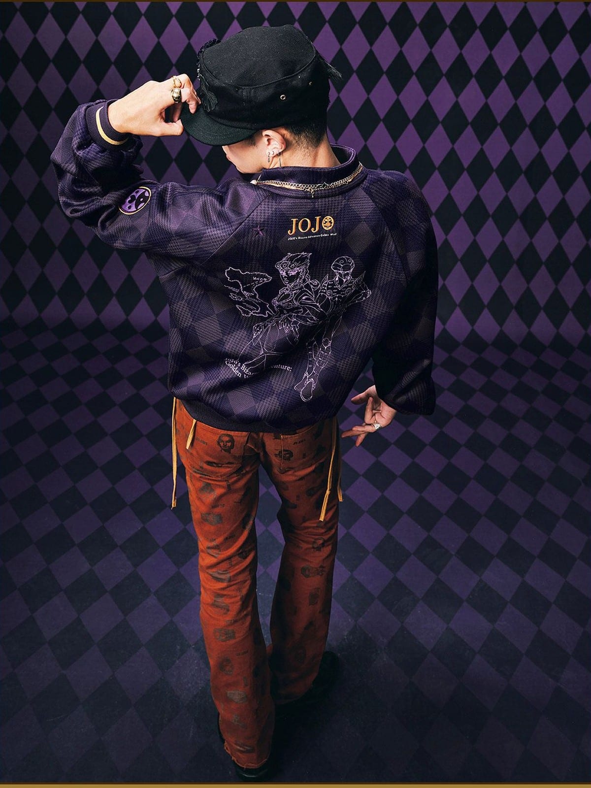 MEDM Embroidered JoJo Plaid Bomber Jacket in Purple - On Model