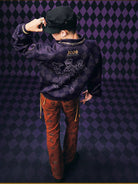 MEDM Embroidered JoJo Plaid Bomber Jacket in Purple - On Model