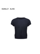 RARELY ALIKE Half Placket Silk Wool Knit Top in Navy Blue