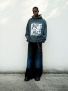 TRIANGLE PROJECT Heavyweight Distressed Graphic Hoodie in Gray - On Male Model