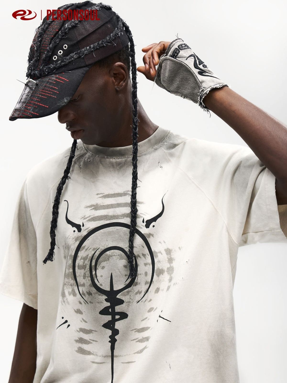 PERSONSOUL Distressed Raglan Graphic T Shirt in White - On Male Model