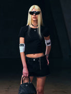 SMFK Cropped Ribbed Short Sleeve T Shirt in Black - On Female Model