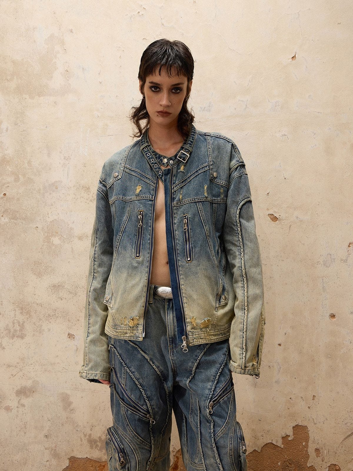 PERSONSOUL Gradient Distressed Denim Jacket in Denim - On Female Model
