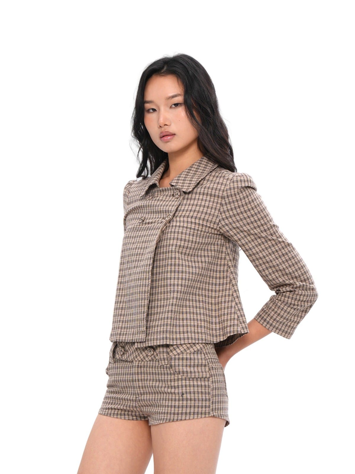 SweetChilling Brown Plaid Cotton Shorts in Brown - On Female Model