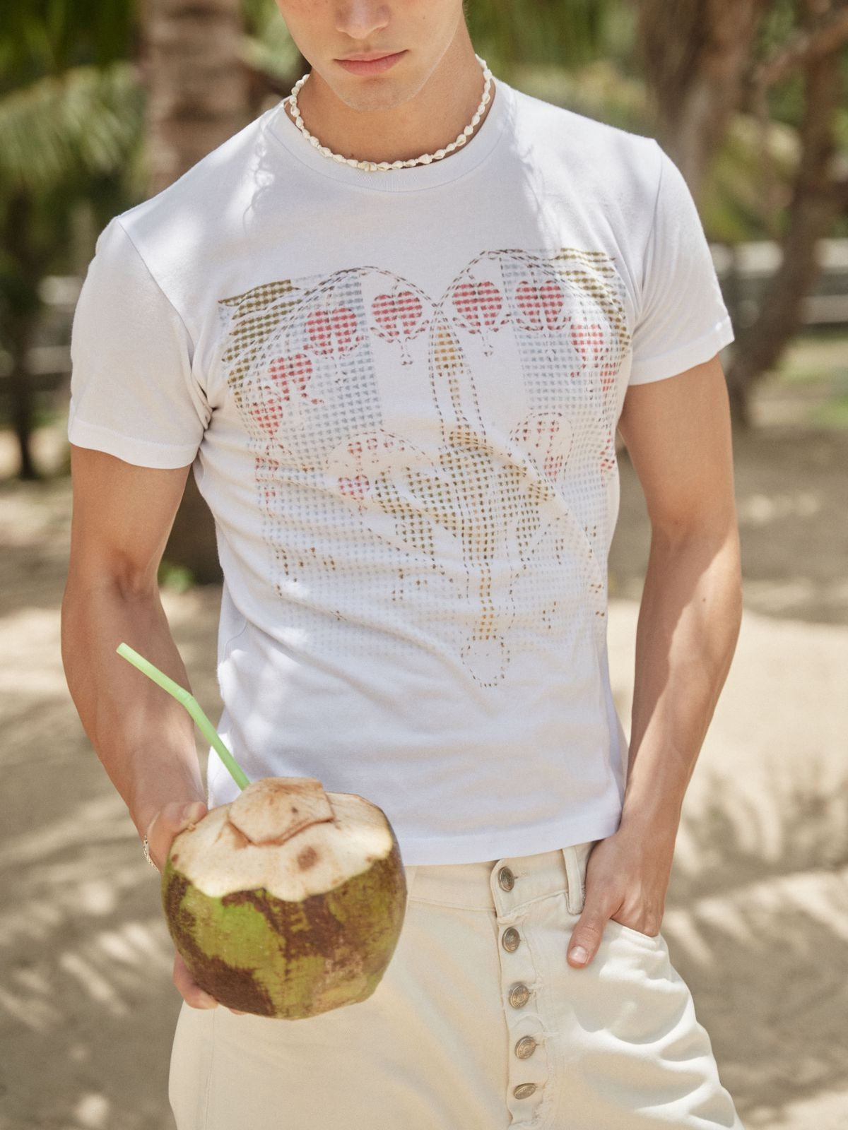 Retro 21 Island Heart Digital Print T Shirt in White - On Male Model