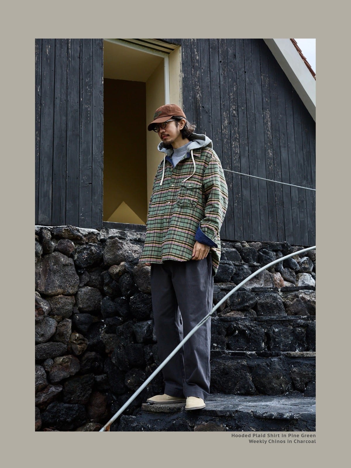 USAGE Detachable Hood Cotton Plaid Shirt in Green - On Male Model