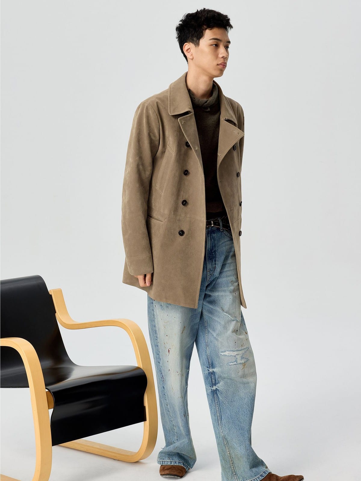 SIMPLE PROJECT Faux Suede Double Breasted Peacoat in Beige - On Male Model