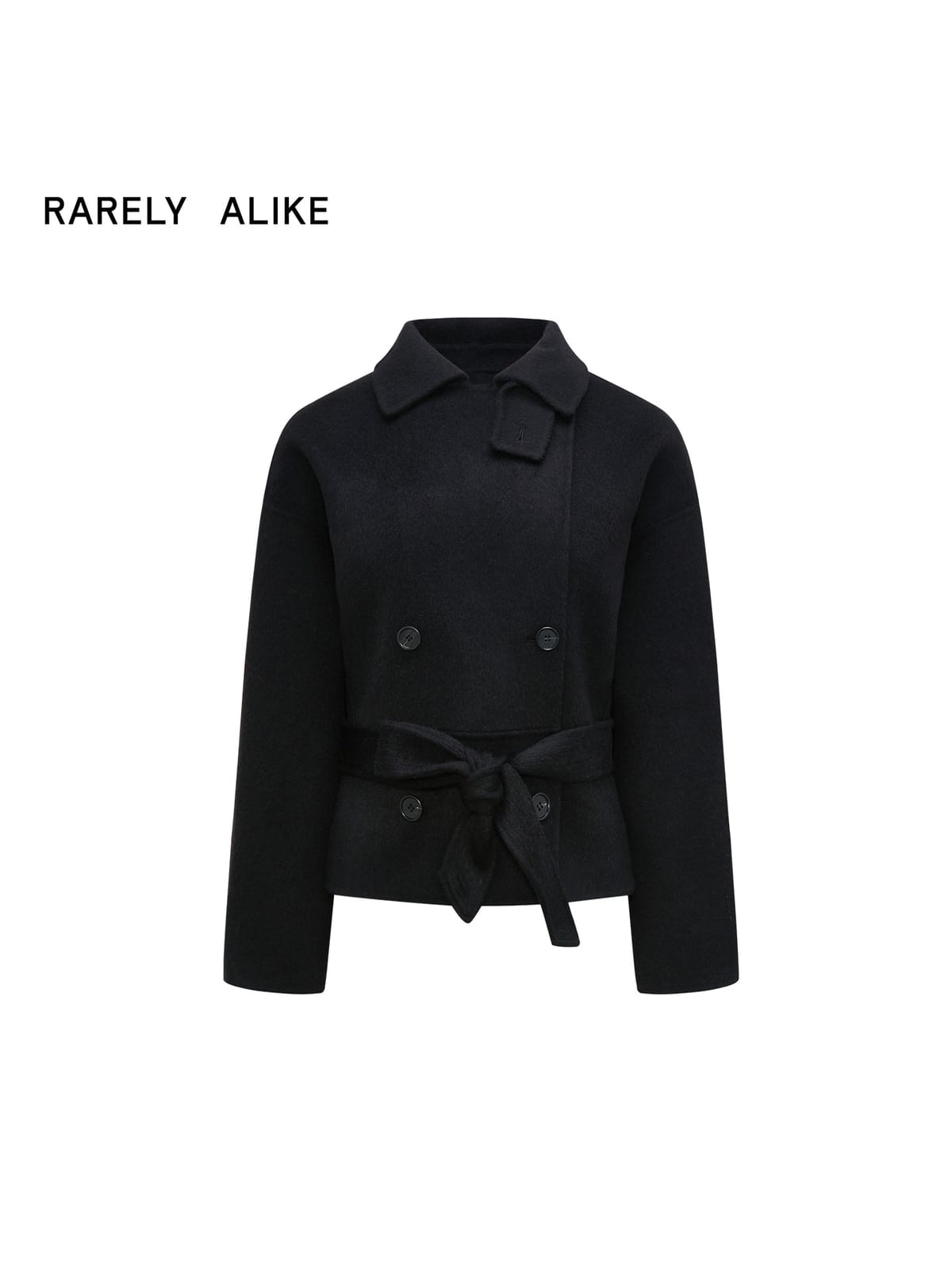 RARELY ALIKE Belted Double Breasted Short Wool Coat in Black