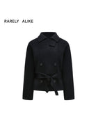 RARELY ALIKE Belted Double Breasted Short Wool Coat in Black