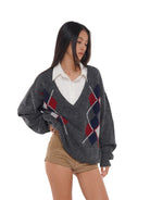 SweetChilling Argyle Jacquard V Neck Sweater in Gray - On Female Model