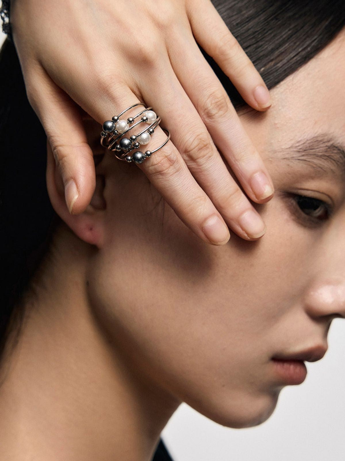BLACKHEAD Entwined Pearl Steel Ring in Silver - On Female Model