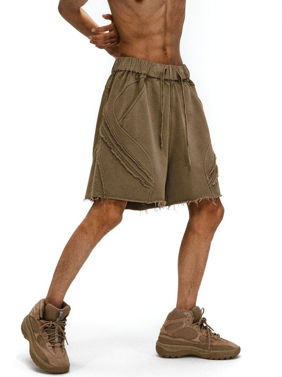 D5ove Raw Edge Structured Cotton Shorts in Olive - On Male Model