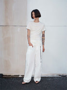 Random Piece Asymmetrical Pleated Silk Blend T Shirt in White - On Female Model