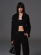 SMFK Cotton Blend Zip Up Hoodie in Black - On Female Model