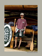 USAGE Canoe Club Graphic Cotton T Shirt in Burgundy - On Male Model
