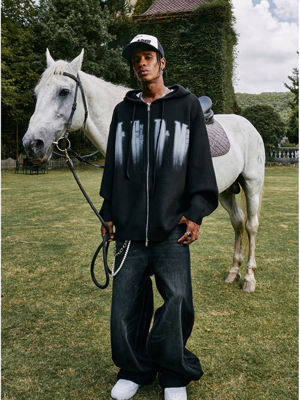 MEDM Zip Up Hooded Knit Cardigan in Black - On Male Model