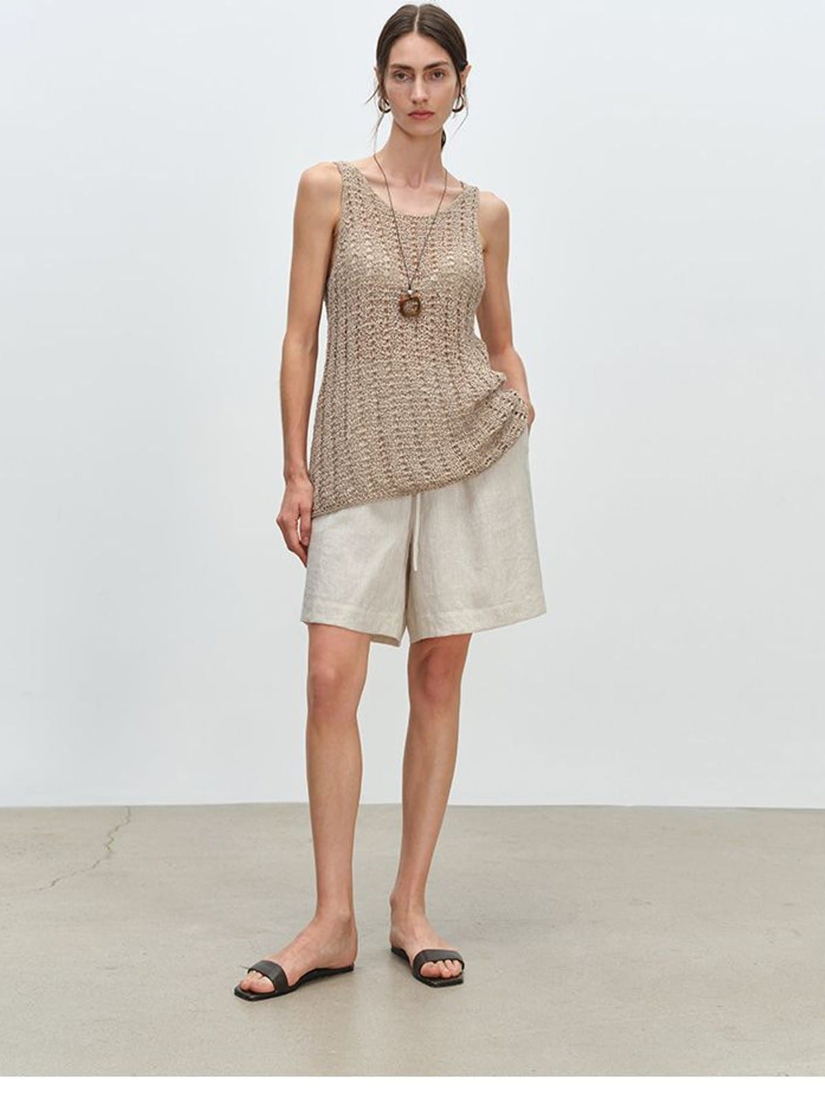 MSBEAST 100 Linen Knee Length Shorts in Beige - On Female Model