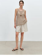 MSBEAST 100 Linen Knee Length Shorts in Beige - On Female Model