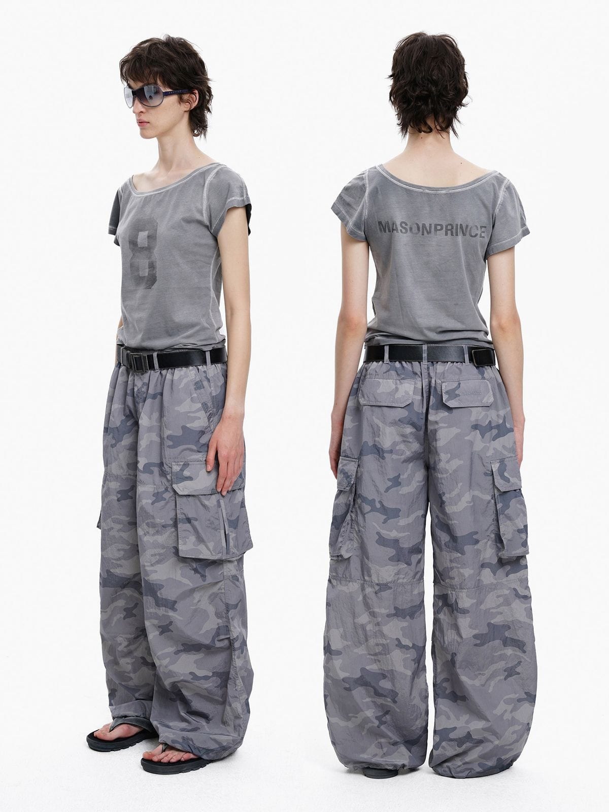 MASONPRINCE Camo Nylon Cargo Parachute Pants in Gray - On Female Model
