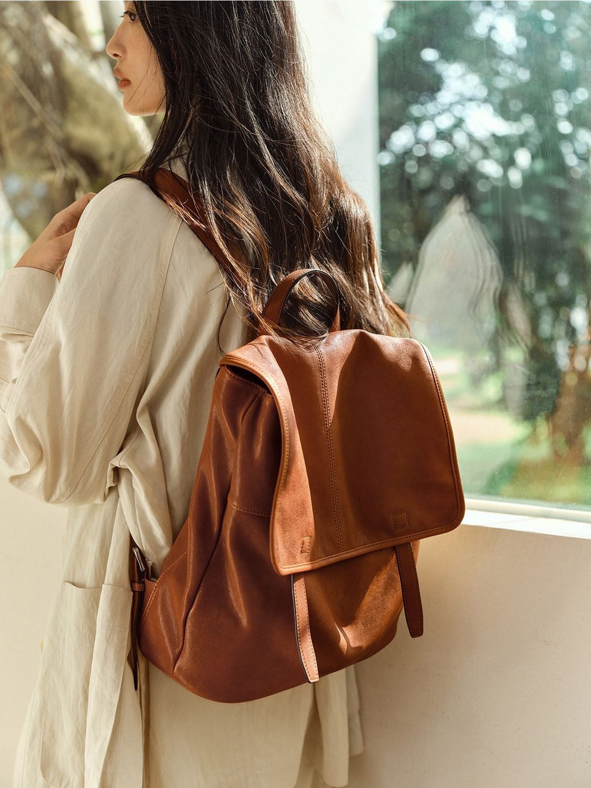 QIUZHEN Vegetable Tanned Goat Leather Backpack in Beige - On Female Model