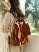 QIUZHEN Vegetable Tanned Goat Leather Backpack in Beige - On Female Model
