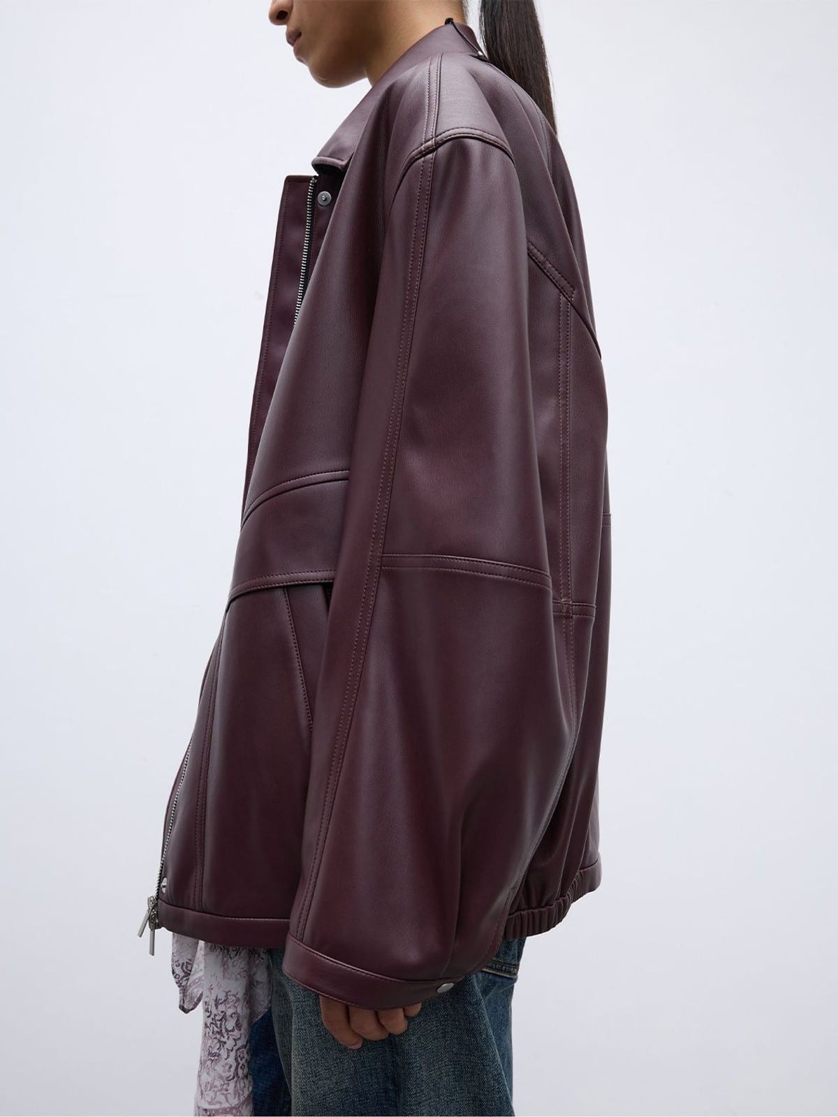 Random Piece Drop Shoulder Matte Faux Leather Jacket in Burgundy - On Female Model