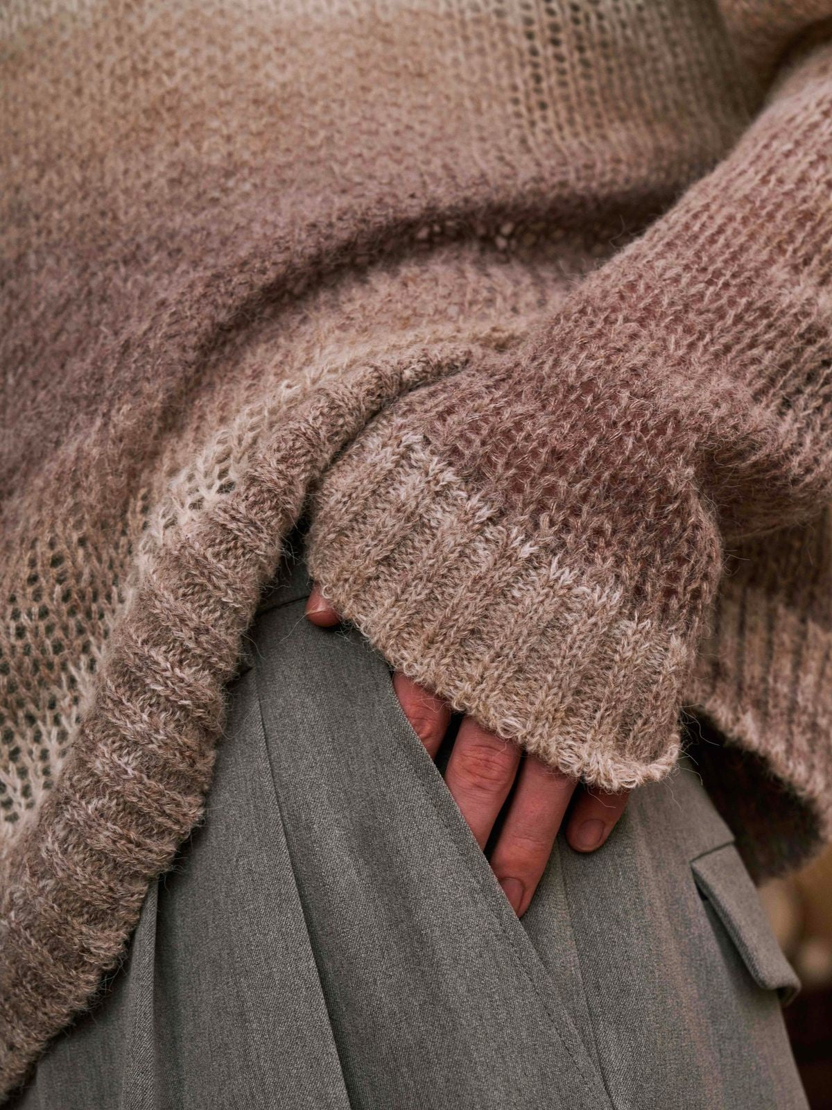 Retro 21 Gradient Open Knit Wool Blend Sweater in Beige - On Model