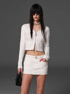 SMFK Ribbed Zip Up Cropped Cardigan in White - On Female Model
