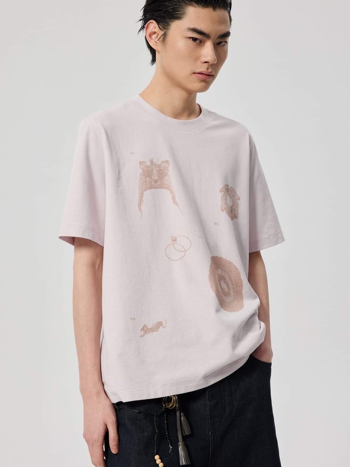 SIMPLE PROJECT Cotton Blend Graphic Print T Shirt in Lavender - On Male Model