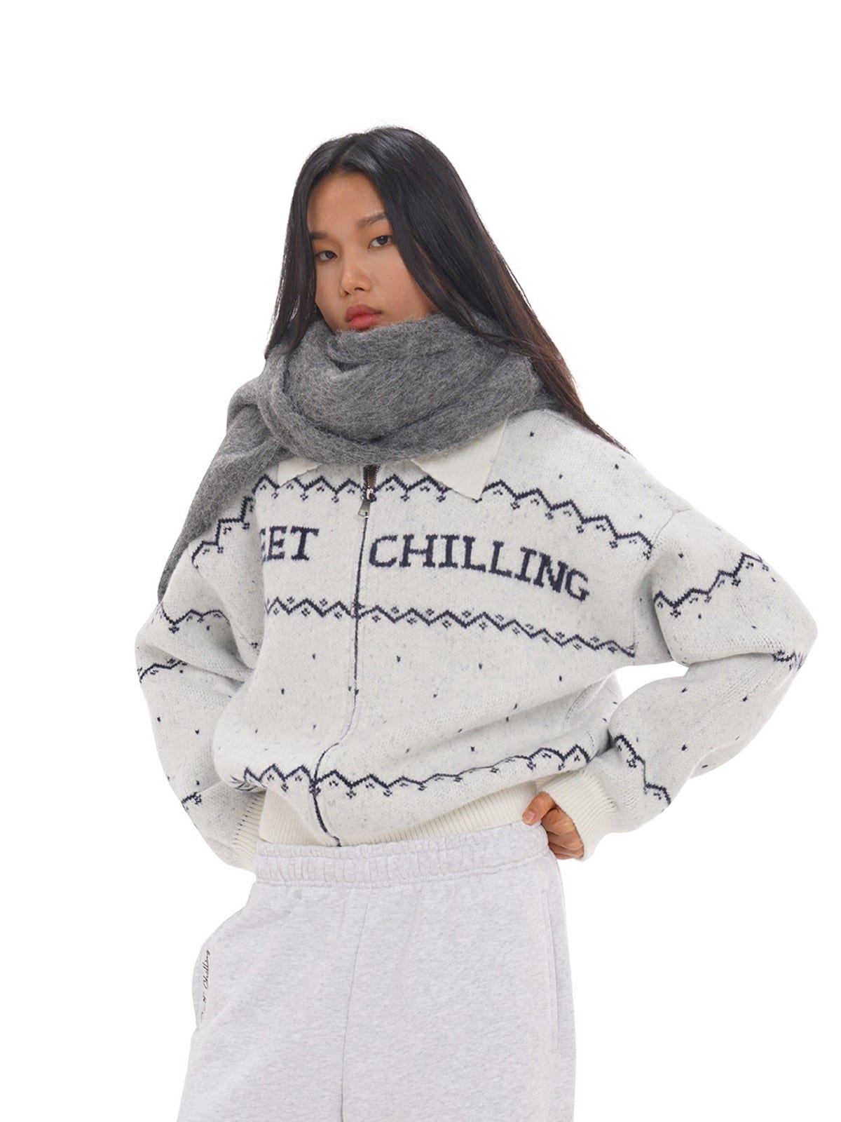 SweetChilling Fair Isle Zip Up Knit Jacket in White - On Female Model