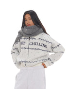 SweetChilling Fair Isle Zip Up Knit Jacket in White - On Female Model