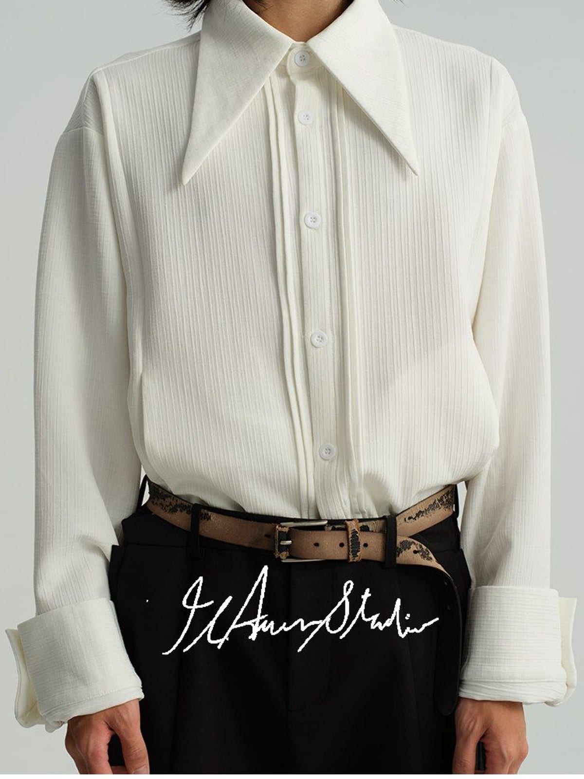 JCAESAR STUDIO Striped Pleated Pointed Collar Shirt in White - On Male Model